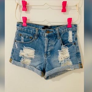 Distressed Mid Rise Denim Shorts